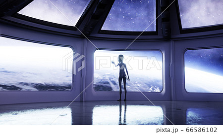 Alien in futuristic room. hand reaching out with Earth planet. UFO futuristic concept. 3d rendering. Alien in futuristic room. hand reaching out with Earth planet. UFO futuristic concept. 3d rendering. 66586102