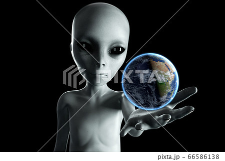 Alien hand reaching out with Earth planet. UFO futuristic concept. 3d rendering. 66586138
