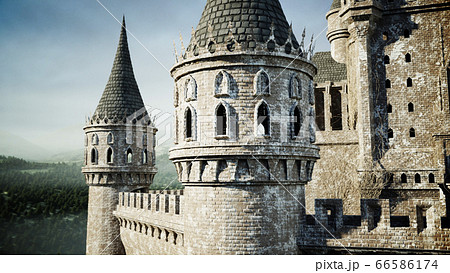 Old fairytale castle on the hill. aerial view. 3d rendering. 66586174