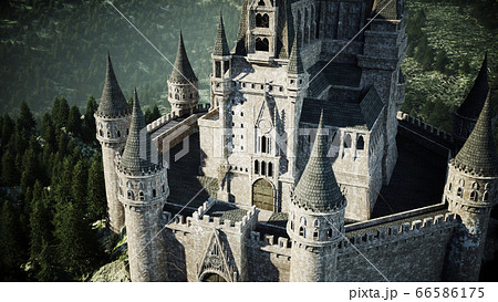 Old fairytale castle on the hill. aerial view. 3d rendering. 66586175