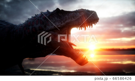 Dinosaur. Prehistoric period, rocky landscape. Wonderfull sunrise. 3d rendering. 66586426