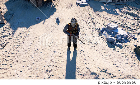 Man terrorist wearing a mask and holding a gun. East desert landscape. military headquarters, terrorist base. 3d rendering. Man terrorist wearing a mask and holding a gun. East desert landscape. military headquarters, terrorist base. 3d rendering. 66586866