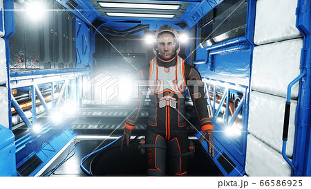 Astronaut walk in sci-fi interior. Martian. Sci -fi concept. 3d rendering. Astronaut walk in sci-fi interior. Martian. Sci -fi concept. 3d rendering. 66586925