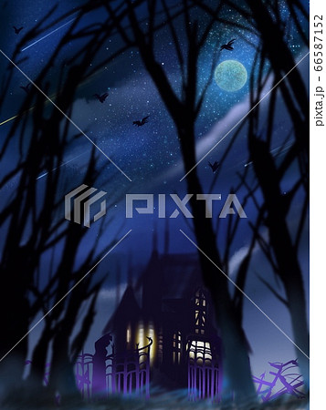 恐怖の館とコウモリが飛ぶ闇夜のイラスト素材