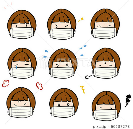 マスクをしたおかっぱの髪型の女性のいろいろな表情アイコンのイラスト素材