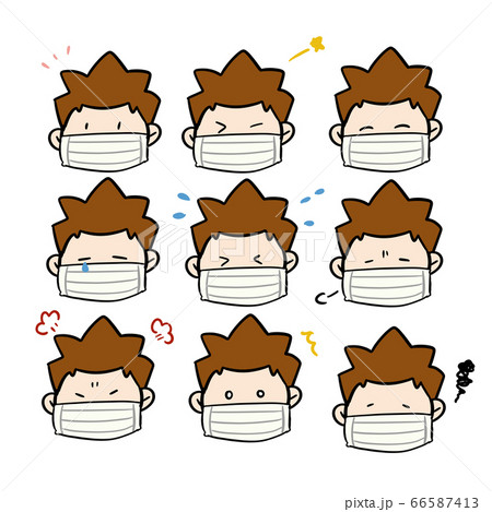 マスクをしたトンガリヘアの男の子のいろいろな表情アイコン マスクをしたトンガリヘアの男の子のいろいろな表情アイコン 66587413