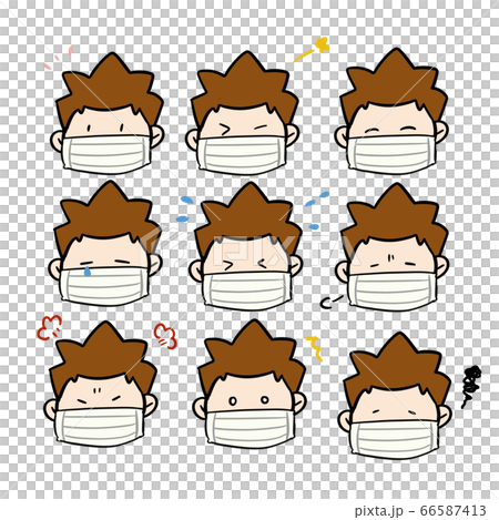マスクをしたトンガリヘアの男の子のいろいろな表情アイコン マスクをしたトンガリヘアの男の子のいろいろな表情アイコン 66587413