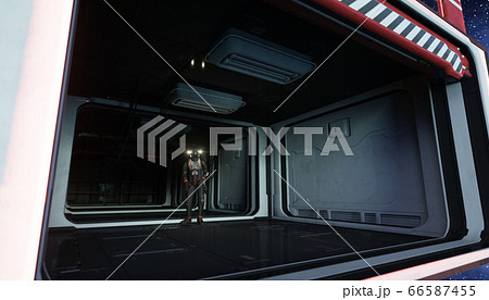 alone astronaut in space. Sci fi futuristic corridor. view of the earth. 3d rendering. 66587455