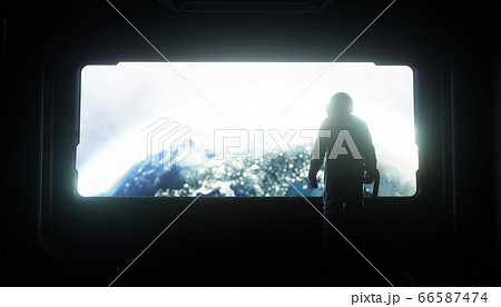 alone astronaut in space. Sci fi futuristic corridor. view of the earth. 3d rendering. 66587474