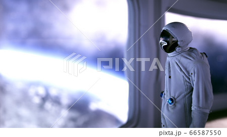alone astronaut in futuristic interior. Sci fi room view of the earth. 3d rendering. 66587550