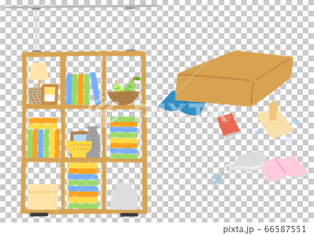 地震対策でつっぱり棒を設置している棚、地震対策しておらず倒れて物が散らばっている棚 地震対策でつっぱり棒を設置している棚、地震対策しておらず倒れて物が散らばっている棚 66587551