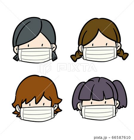 マスクをした女の子の顏アイコン ４種類のイラスト素材