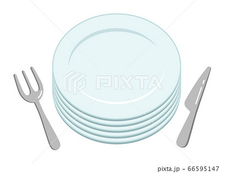 シンプルな重なった白いお皿とナイフとフォークのイラスト素材