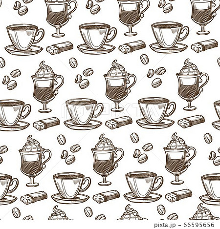 Coffee poured in cup, cappuccino and beans seamless pattern 66595656