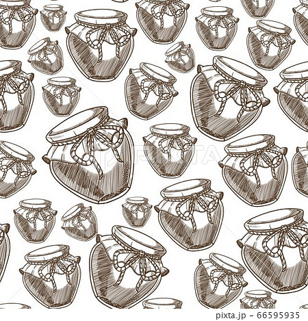 Sweet raspberry or strawberry jam in jar seamless pattern 66595935