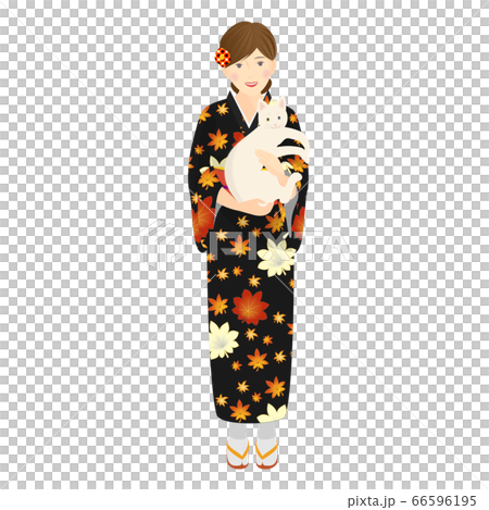 Front of autumn leaves, a woman in a yukata holding a white cat Front of autumn leaves, a woman in a yukata holding a white cat 66596195