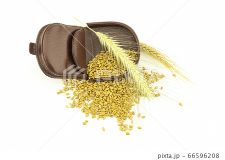 Open leather purse with wheat seeds 66596208