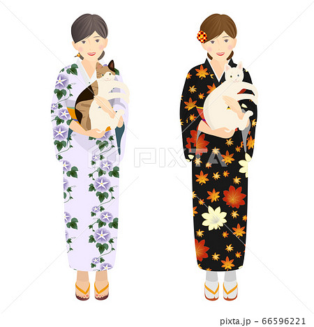 Kimono Woman Holding A Cat Summer Autumn Set Stock Illustration