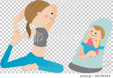 Woman doing yoga in pigeon pose, bouncer and baby Woman doing yoga in pigeon pose, bouncer and baby 66596404