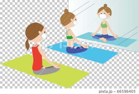 鏡中有兩個戴著口罩和瑜伽瑜伽的女人,擺姿勢為Suka Asana 鏡中有兩個戴著口罩和瑜伽瑜伽的女人,擺姿勢為Suka Asana 66596405