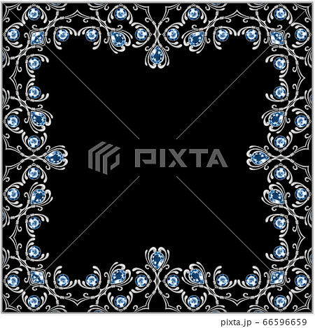 Vintage silver background with blue gems, square jewelry frame with ornamental border 66596659