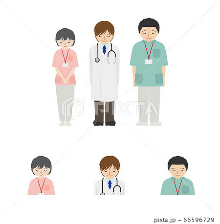 お辞儀をする若手の男性医師と看護師たちのイラスト素材