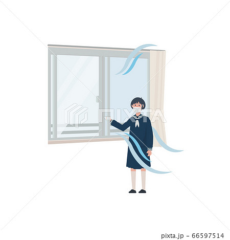 窓を開ける女子生徒 換気 風通し 教室 通風 空気の入れ替え イラストのイラスト素材