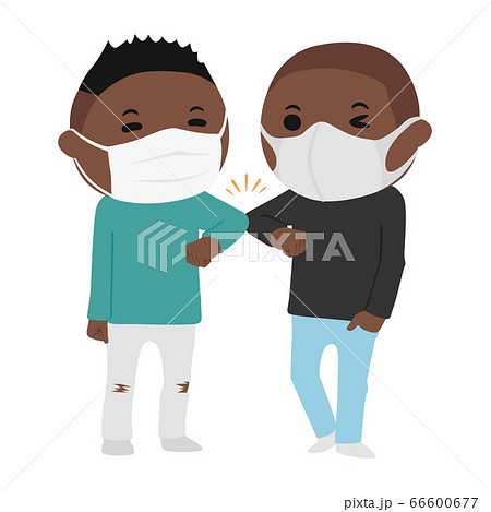 マスクをした若い男性たちのイラスト 肘と肘を合わせる挨拶 肘タッチ をしている のイラスト素材