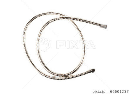 Top view. Corrugated stainless steel shower hose with connectors on a white background. Top view. Corrugated stainless steel shower hose with connectors on a white background. 66601257