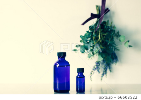 ハーブのスワッグとアロマテラピーのボトル 66603522