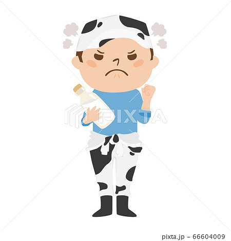 牛柄のつなぎを着た男性酪農家 怒ってる男性のイラスト のイラスト素材