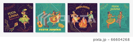Set of Festa Junina cards with dancing people sketch vector illustration. 66604268