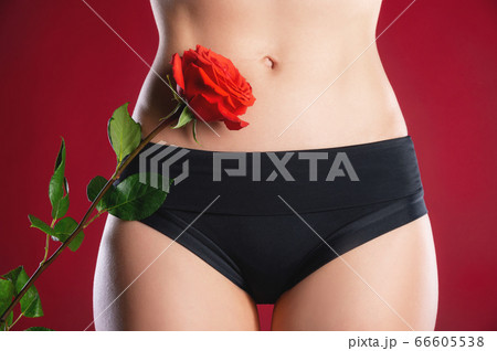Close-up of a woman's belly and legs hair depilation in black underwear on a red background next to a red rose. The concept of hair removal and depilation on the abdomen in women Close-up of a woman's belly and legs hair depilation in black underwear on a red background next to a red rose. The concept of hair removal and depilation on the abdomen in women 66605538