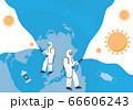 Coronavirus protection. Disinfectant concept. Vector graphic with space for text. People in virus protective suits and mask 66606243