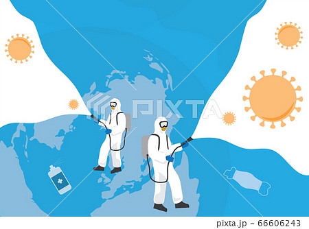 Coronavirus protection. Disinfectant concept. Vector graphic with space for text. People in virus protective suits and mask 66606243