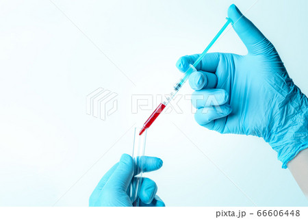 Hand with blue glove holding a small syringe 66606448