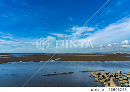 高美湿地の堤防　夏　台中市　台湾 66608248