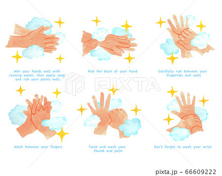 感染症予防のための正しい手洗いの手順を水彩画イラスト のイラスト素材
