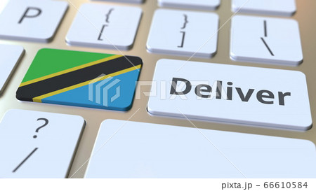 Deliver text and flag of Tanzania on the computer keyboard. Logistics related 3D rendering Deliver text and flag of Tanzania on the computer keyboard. Logistics related 3D rendering 66610584