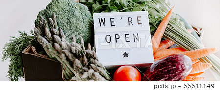 Text We're open and Fresh green and vegetables box Text We're open and Fresh green and vegetables box 66611149