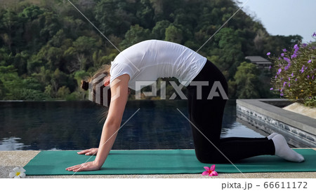Novice female yogi performs exercises in the fresh air 66611172
