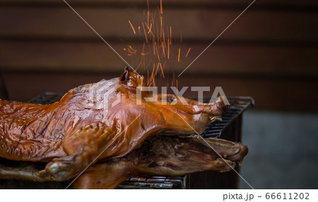Roast pork on a charcoal flame. Roast pork on a charcoal flame. 66611202