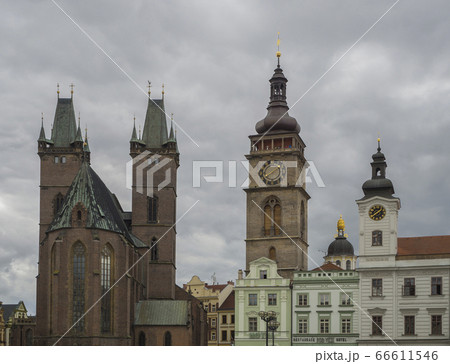city centre Hradec Kralove panorama town hall and gothic cathedral with two towers with clock in big square Czech republic 66611546