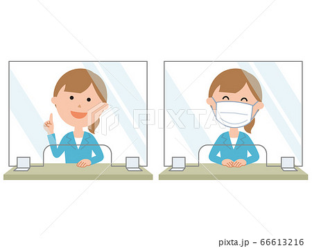 受付  ウイルス感染予防のためアクリル板を設置  女性社員 66613216