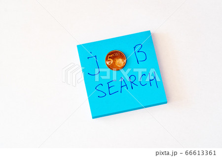 Looking for a job concept - Blue notebook with job search phrase. Five cent coin. Flat lay white background 66613361