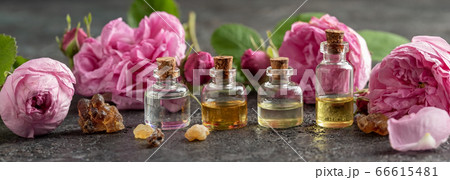 Panoramic header of essential oil bottles, frankincense and roses 66615481