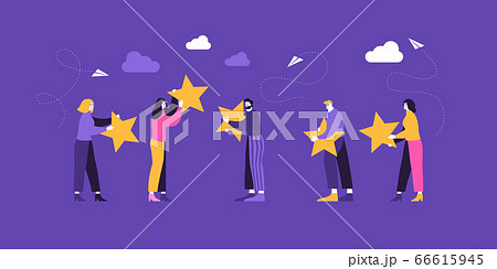 Rating on customer service illustration. happy customers are holding stars and giving 5 star review. Website rating feedback and review concept. Flat vector illustration 66615945
