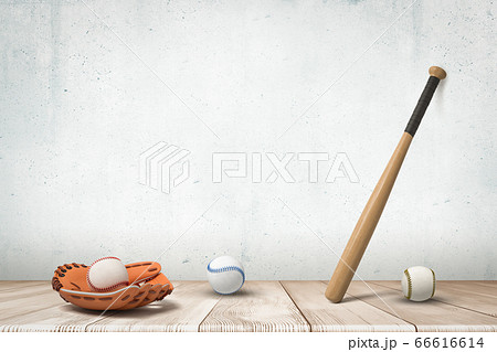 3d rendering of baseballs and brown leather glove lying on wooden floor and baseball bat propped against grungy copy space wall. 66616614