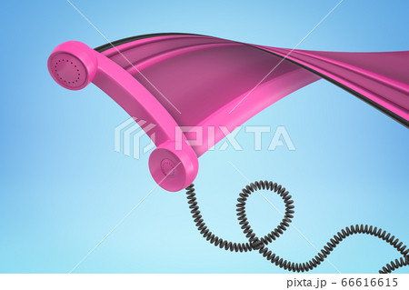 3d rendering of bright purple retro phone receiver with black wire, leaving pixel stretch trail behind it on light blue background. 3d rendering of bright purple retro phone receiver with black wire, leaving pixel stretch trail behind it on light blue background. 66616615