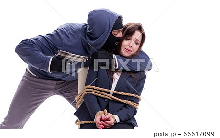 Kidnapper with tied woman isolated on white 66617099